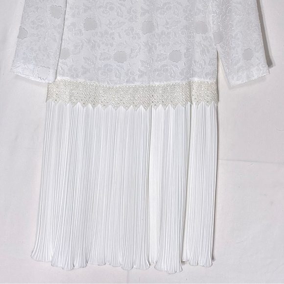 Vintage White Long Sleeve Pleated Midi Shift Bride Mother Of The Bride Dress M - Picture 8 of 16